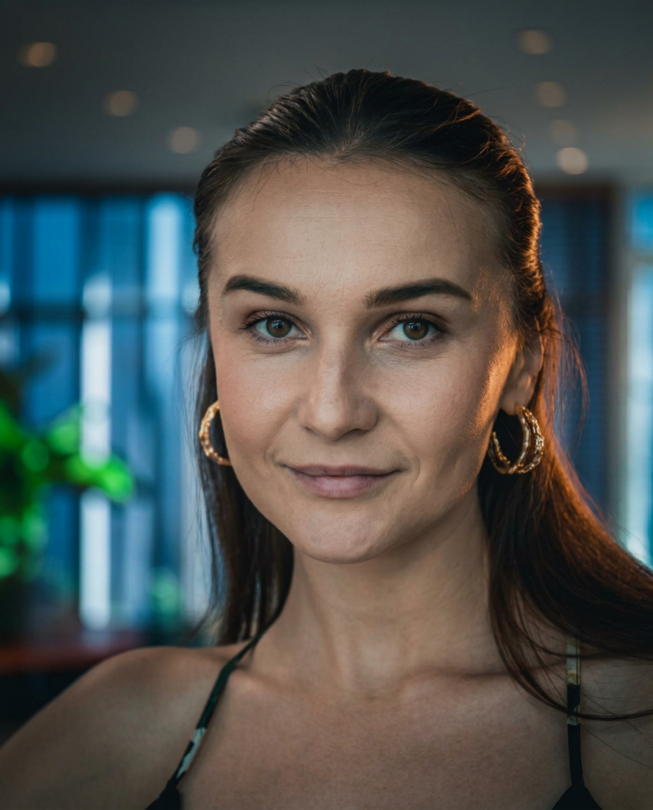 En kvinne med store ringer i ørene som ser direkte inn i kameraet med varm intensitet