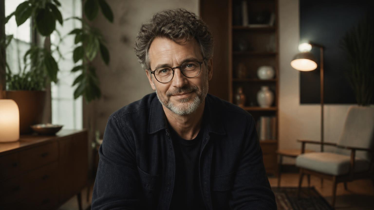 Ekspert som ser rett inn i kameraet i et varmt studio med planter og dansk interiør